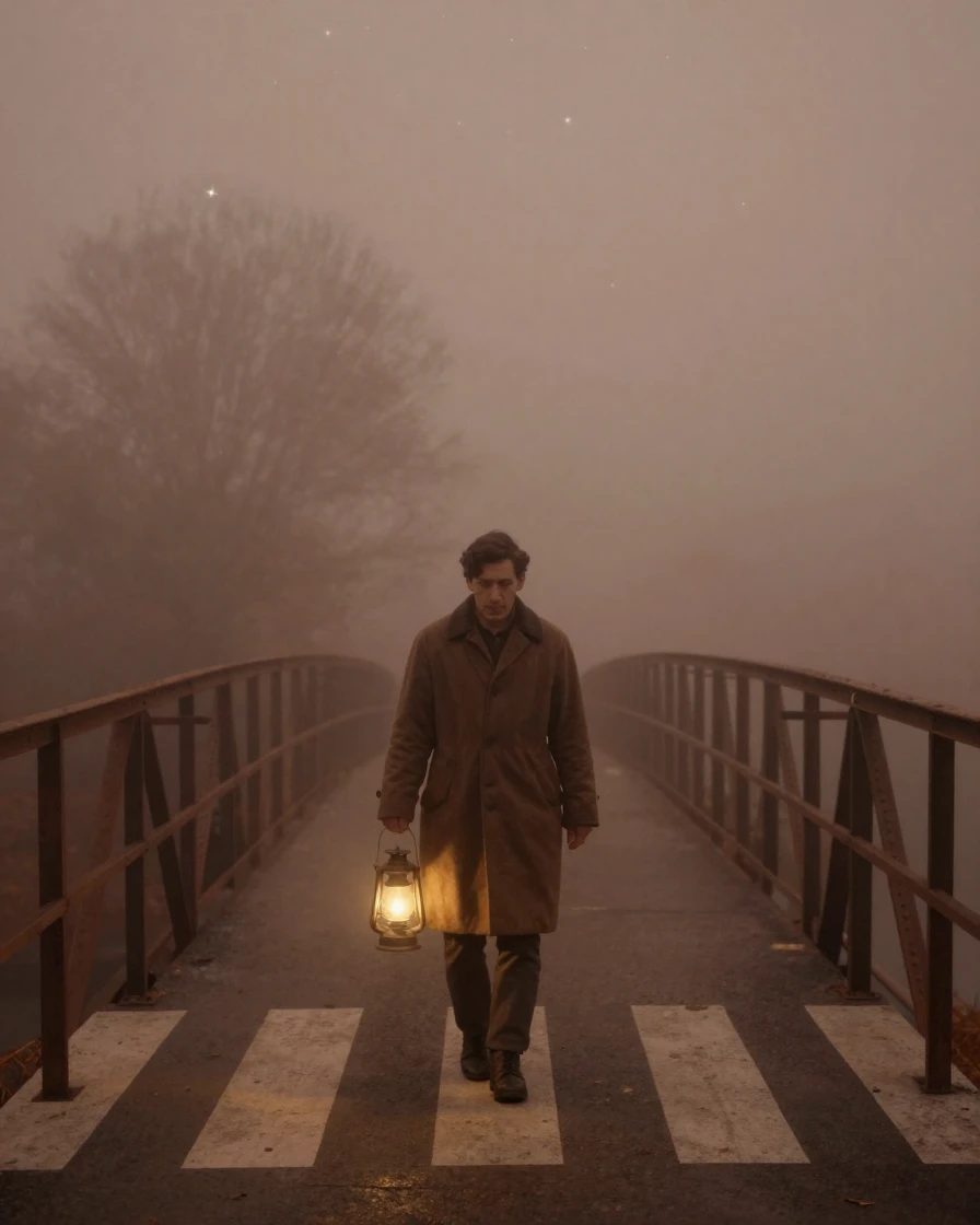 A pedestrian crossing a foggy bridge with a single lantern in hand, under a canopy of stars, as mist rises off the ground, in the depths of winter, in earthy terracotta and ochre shades, in a tight close-up.