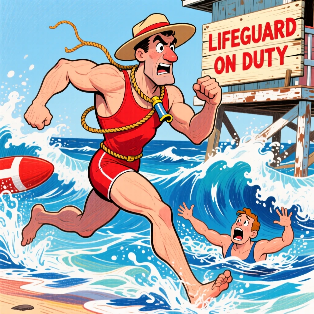 A brave lifeguard from decades past sprinting into rough surf to save a swimmer.