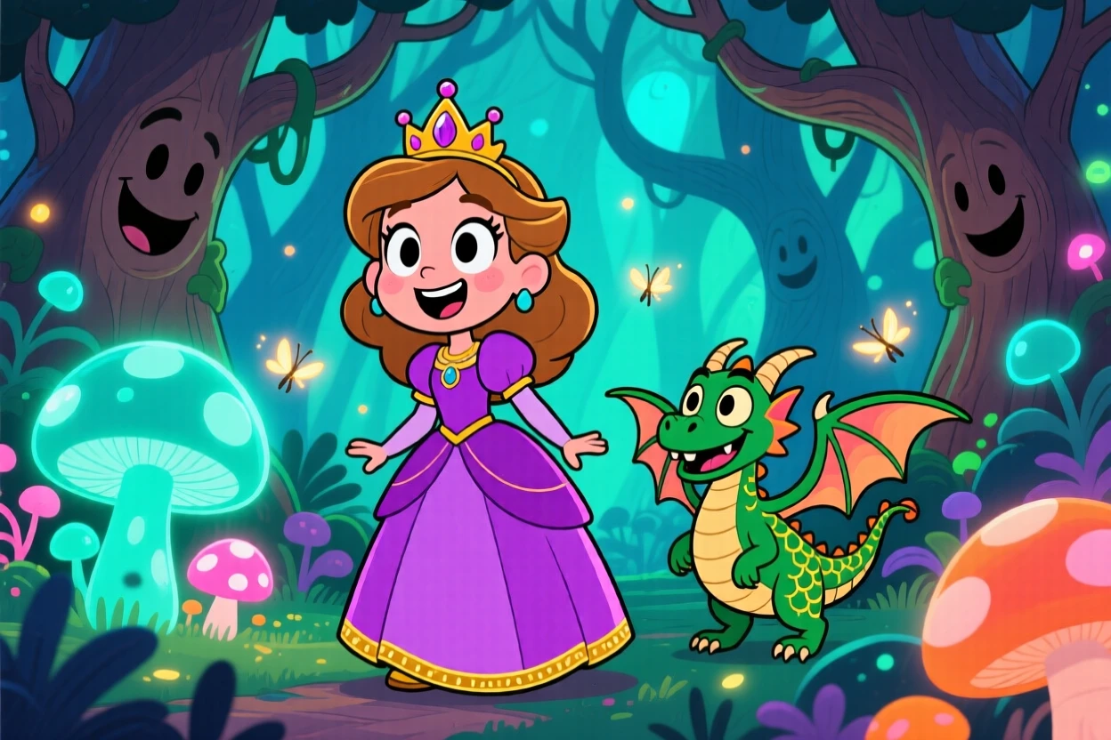 An imaginative fantasy scene of a clever princess exploring a glowing enchanted forest, with a loyal companion creature close behind.