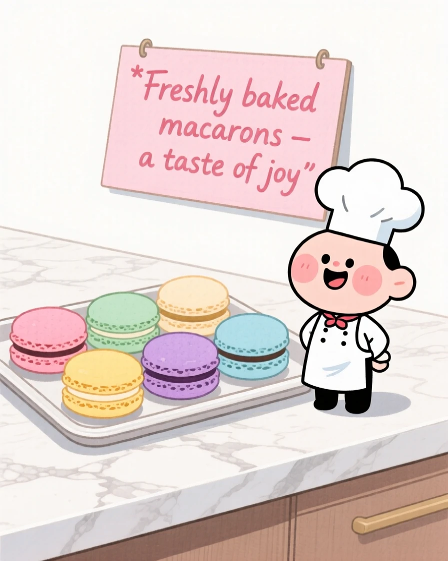 A cozy, appetizing, warm and inviting scene of a tray of colorful macarons arranged on a marble counter