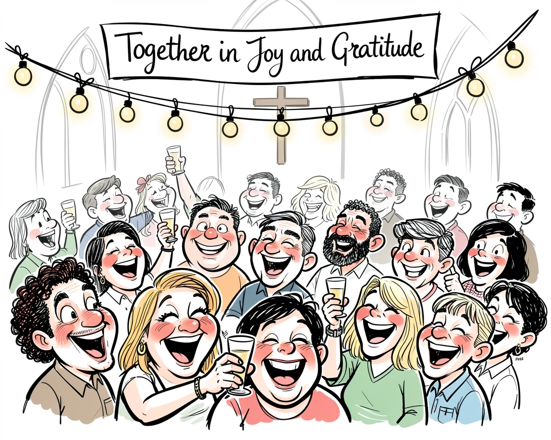 [Seasonal Holidays & Celebrations] Festive scene of a joyful church congregation toasting under a canopy of string lights, full of celebration and joy