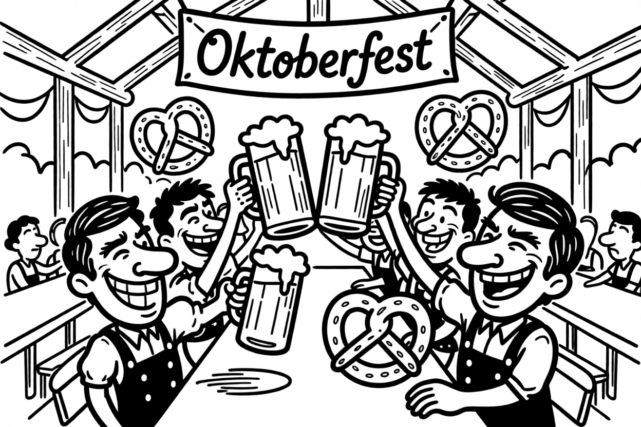 A Bavarian beer hall celebration with friends raising giant steins and pretzels at Oktoberfest.
