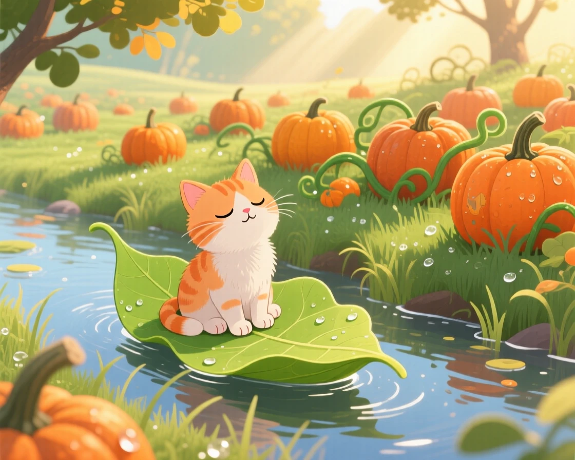 A sleepy kitten pauses from riding a leaf boat down a stream to look up in a pumpkin patch, as morning dew glistens on the grass.