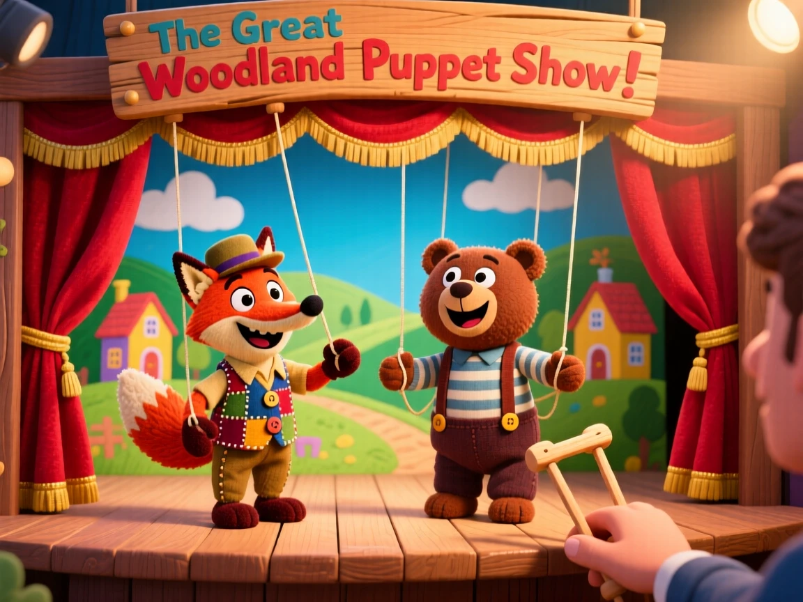 A puppet theater with hand-sewn characters mid-performance.