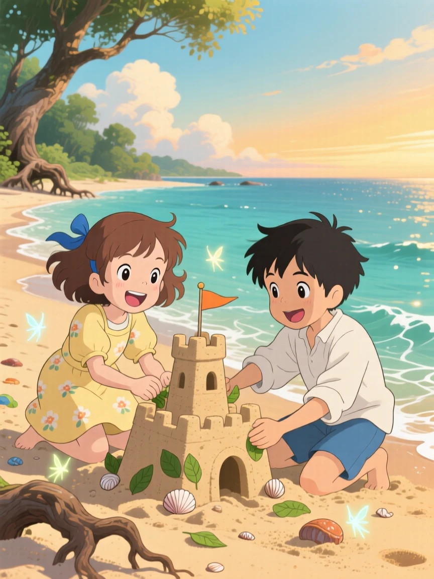 Two kids building a sandcastle at the water's edge, the moment full of laughter and energy.