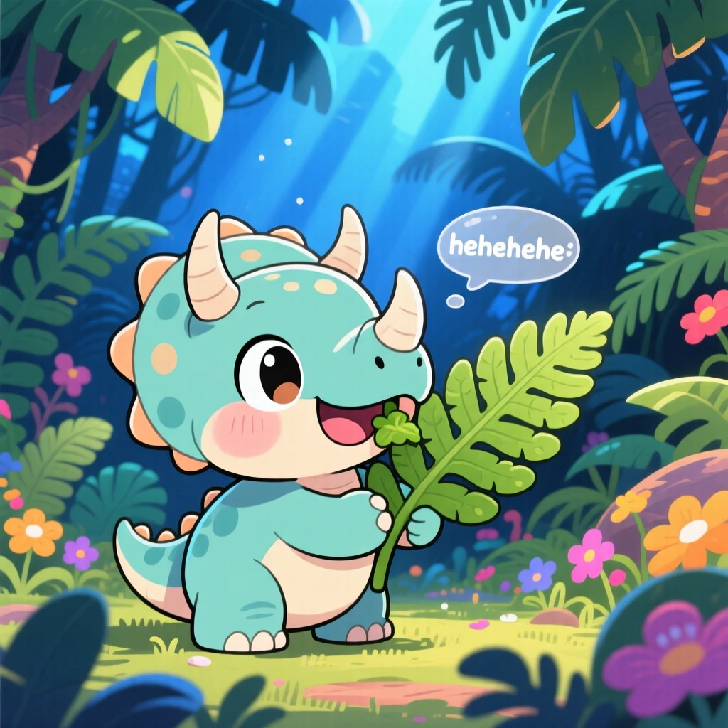 A baby triceratops munching on a fern leaf happily in a lush prehistoric jungle on a warm tropical afternoon; cool blue twilight glow washes over the scene as giggling amusement fills the moment. Over-the-shoulder view.
