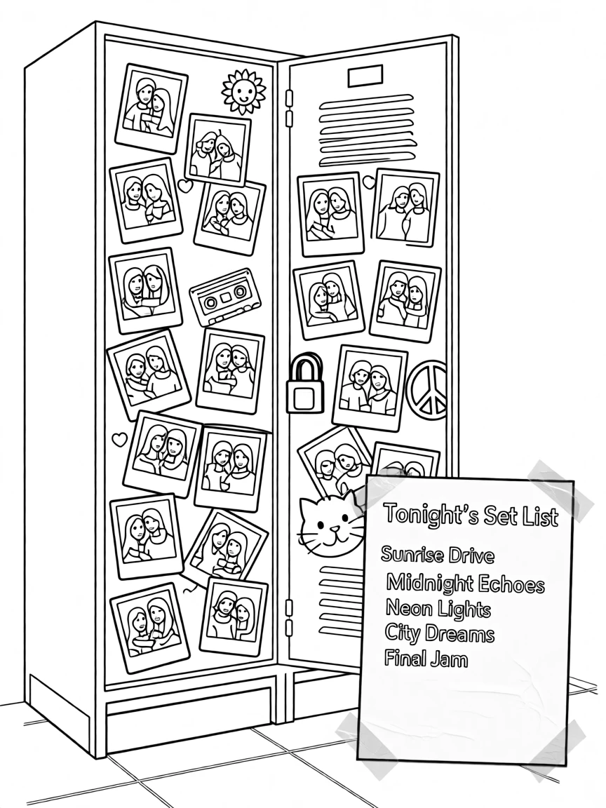 A locker door decorated with photos and stickers, with a set list taped to the floor nearby.