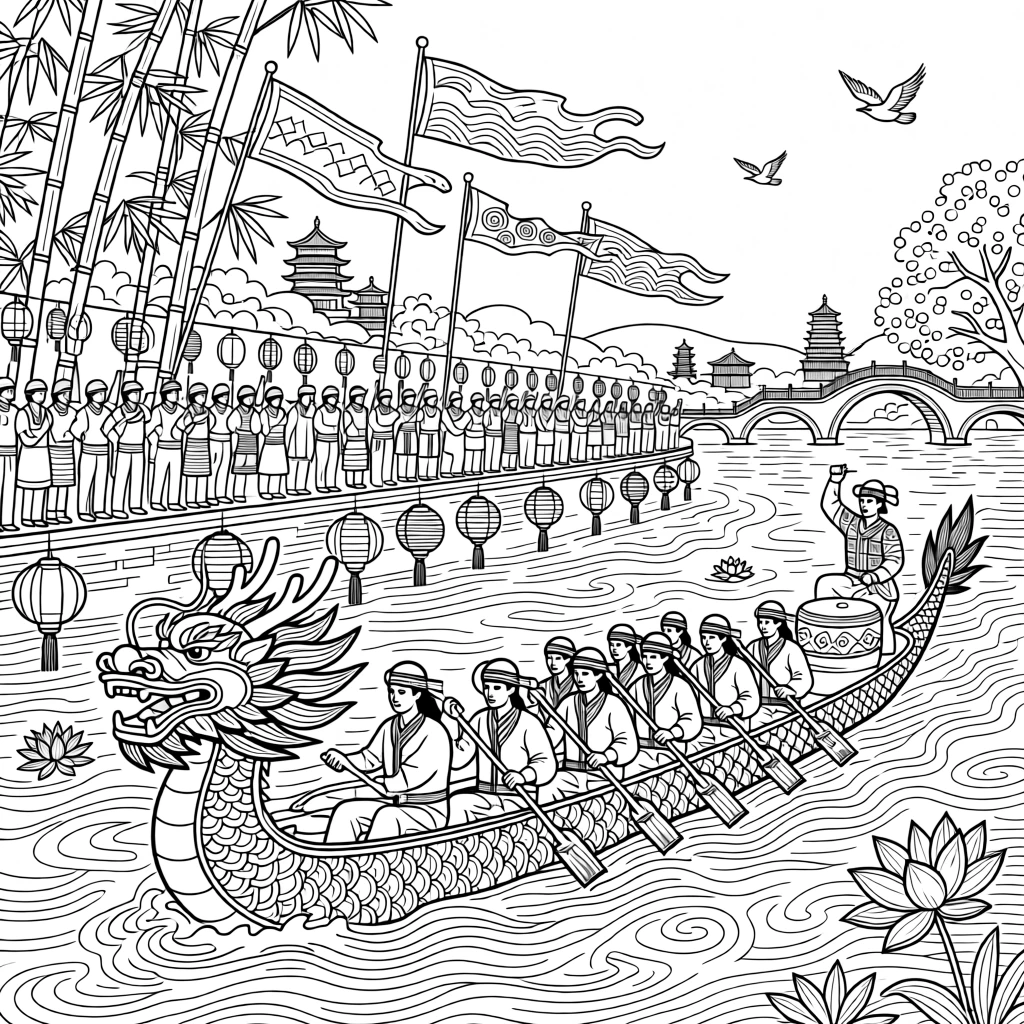 A dragon boat racing scene on a festival river.