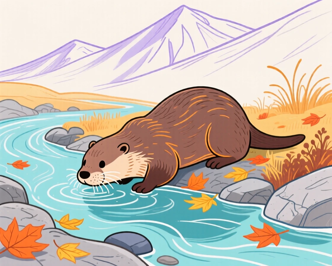 A playful otter drinking from a stream beside a mountain stream on a crisp autumn day.