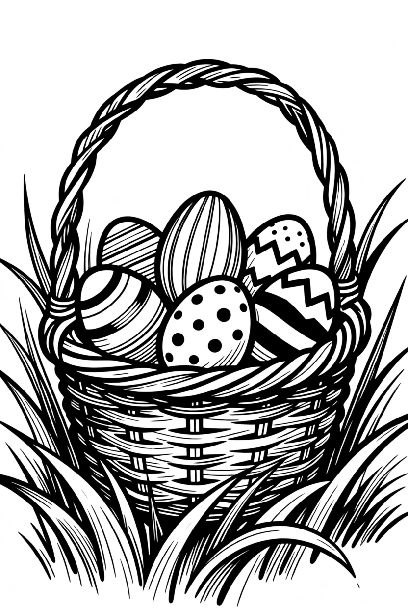 A basket of colorful decorated Easter eggs nestled in spring grass.