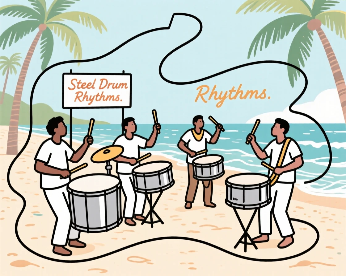 A steel drum band playing lively music on a tropical beach.