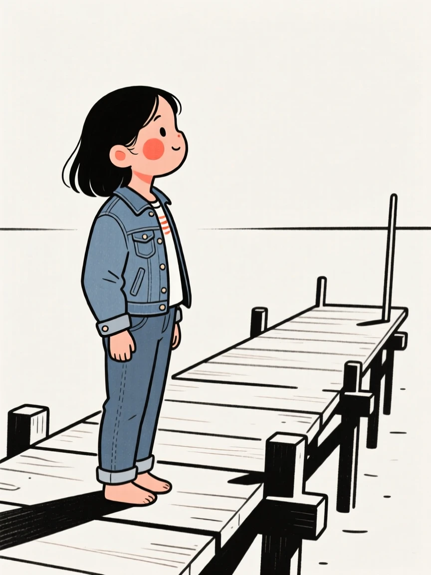 A little girl of Mexican heritage in a denim jacket and jeans, looking hopeful toward the horizon, on a wooden fishing pier.