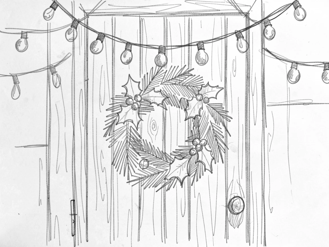 A joyful holiday moment: a wreath hanging on a rustic wooden door beneath strings of festive lights, with an atmosphere of celebration and togetherness.