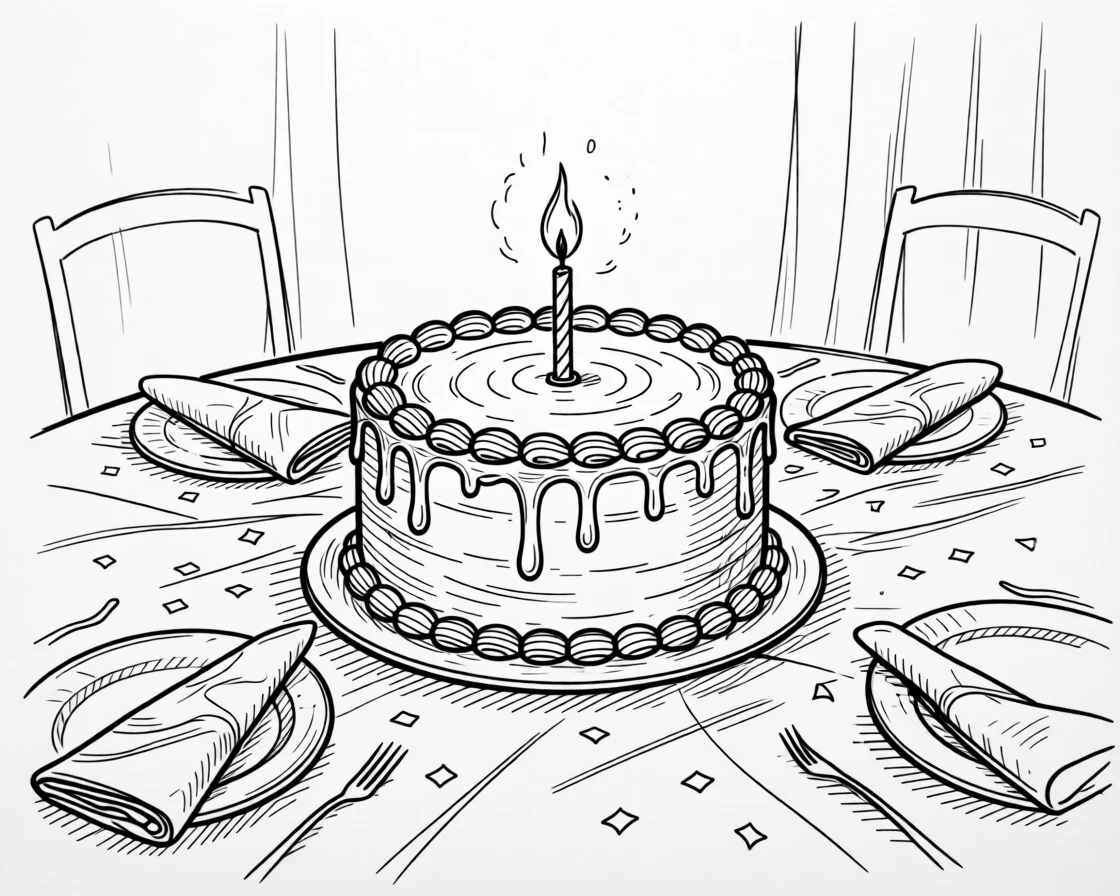 A festive table set for a birthday celebration with a candlelit cake at its center.