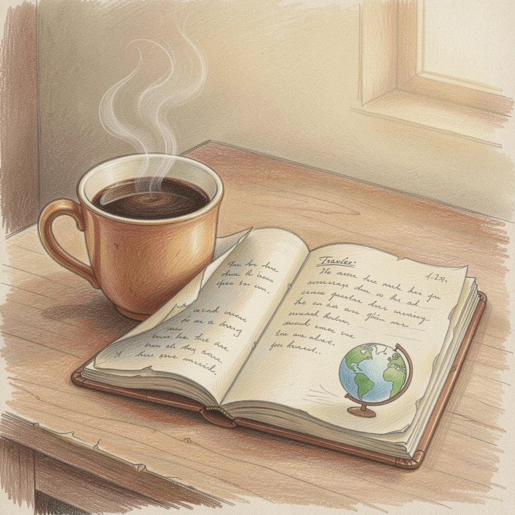 A warm cup of coffee resting beside an open travel journal, set against a softly lit, atmospheric backdrop, perfect for anyone drawn to gentle, heartfelt imagery.
