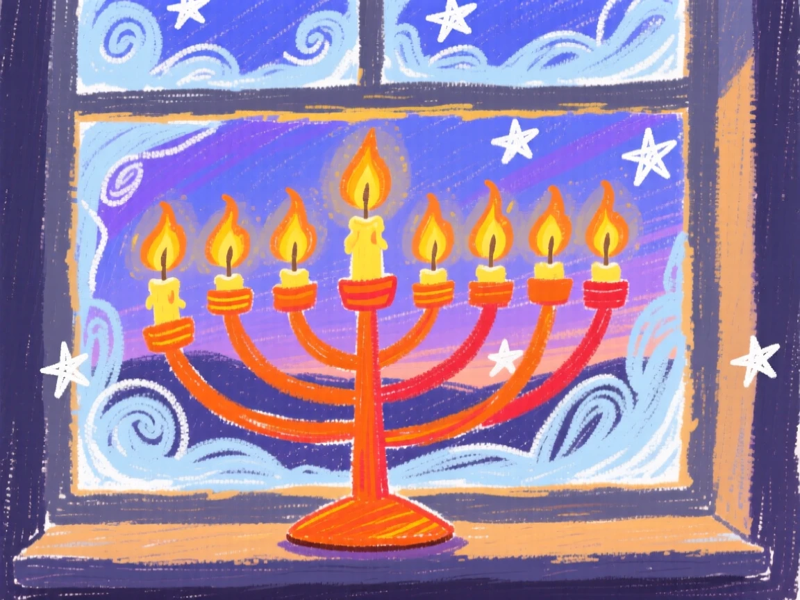 A menorah glowing softly in a frosted window at dusk.