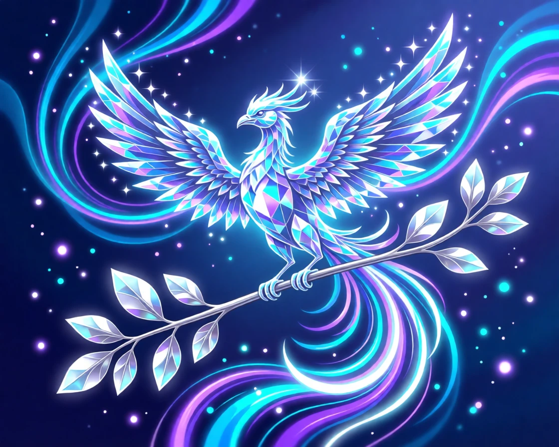A crystal phoenix perched on a branch of glowing silver leaves, surrounded by swirling magical energy and sparkling light, arranged with dramatic lighting emphasizing the magical elements, with subtle magical particles drifting through the air.