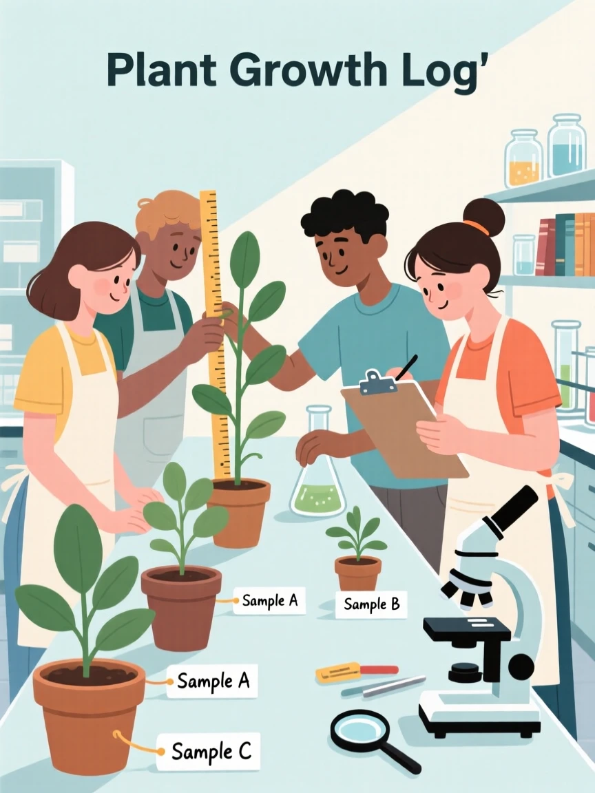 A group of students measuring plants they grew in a science lab.