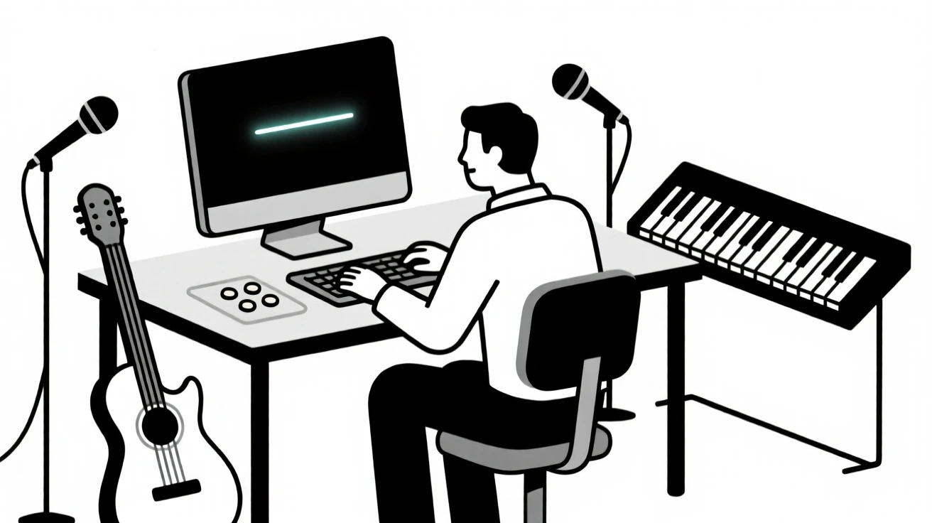 A focused engineer at a workstation working at a well-equipped workshop, surrounded by microphones and instruments, expressing collaborative energy.