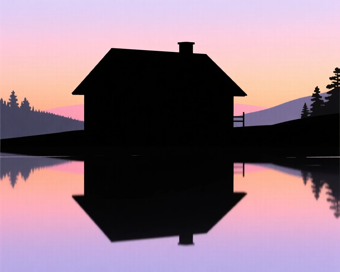 A quiet lakeside cabin reflected perfectly in still morning water.