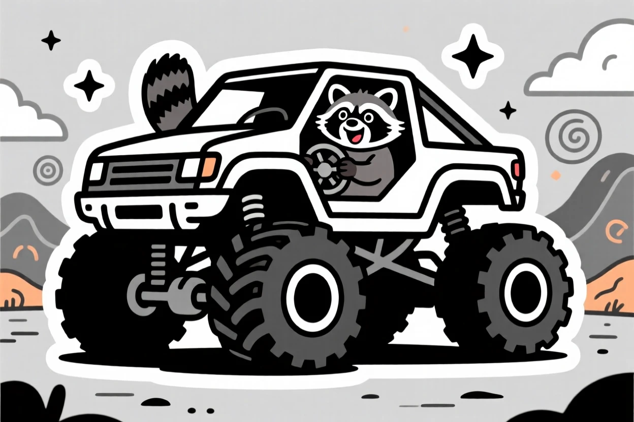 A confidently cool monster truck driven by a tiny excited raccoon, ready for the next big adventure, in a world full of wonder and imagination.
