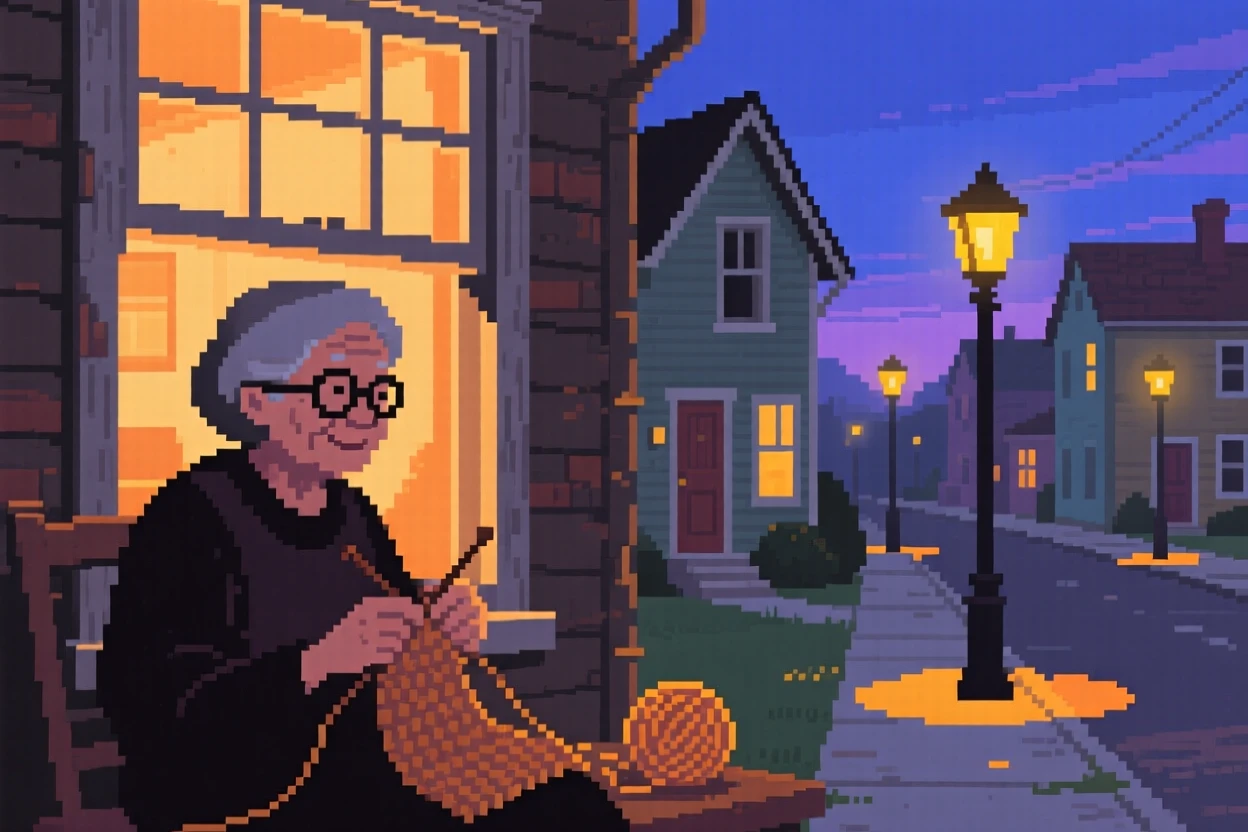 A grandmother knitting by the window gathered close as the streetlights flicker on, on a neighborhood sidewalk lined with old houses.