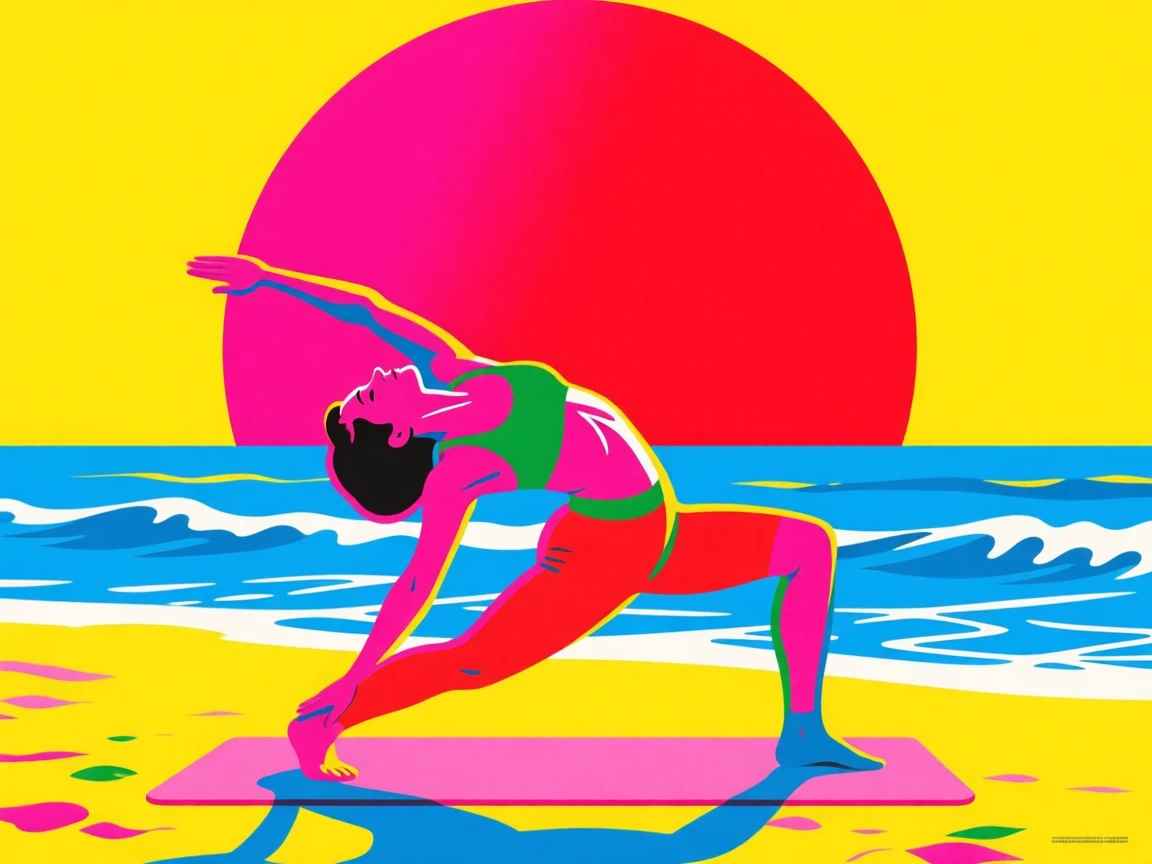 Morning yoga stretch on a beach at sunrise