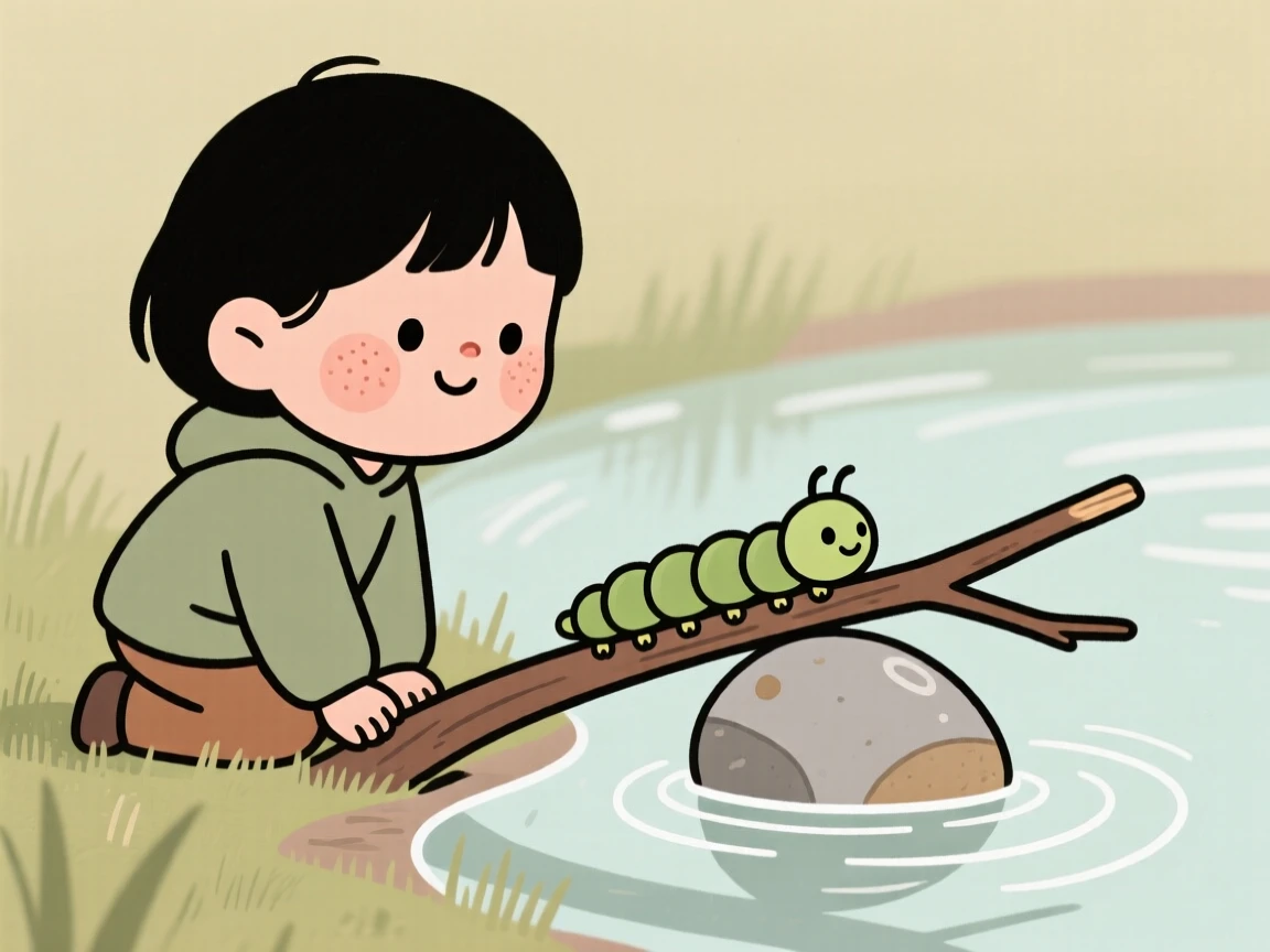 A curious small child kneels beside a caterpillar on a twig in the edge of a pond, watching intently as it climbs over a pebble.