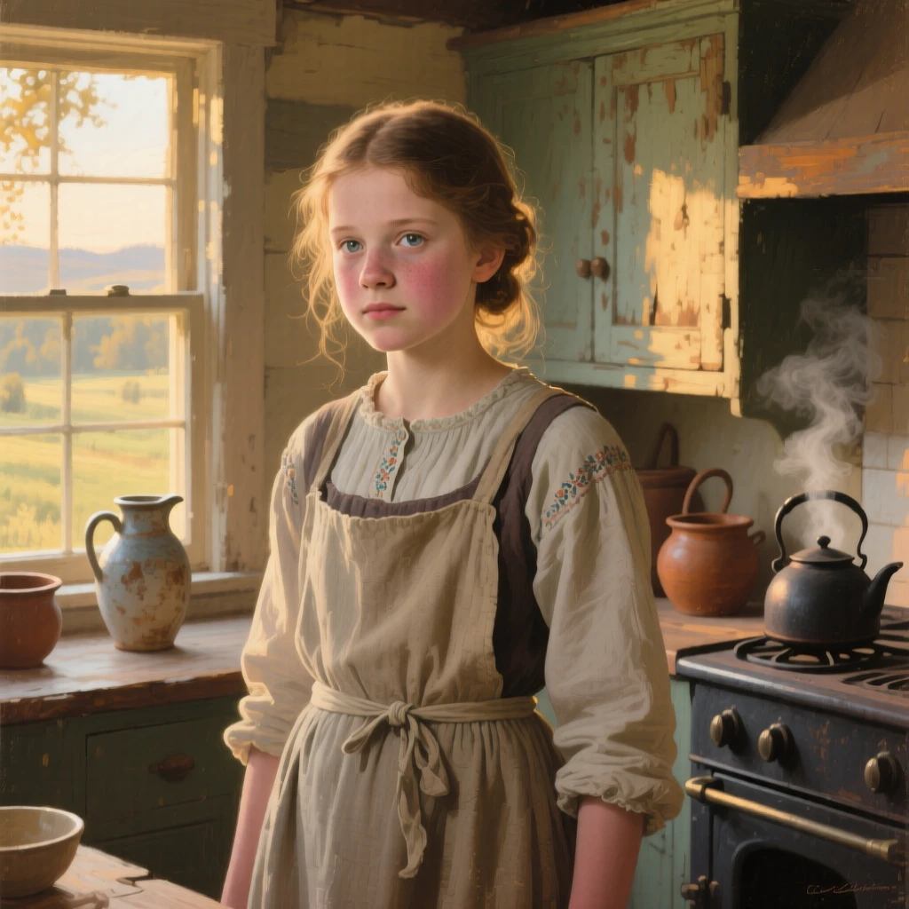 An intimate close-up of a farm girl in a sunlit farmhouse kitchen, glowing with pride, at dawn.