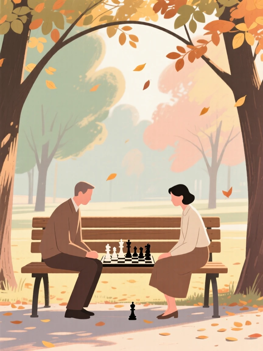 A quiet chess match played on a park bench beneath autumn trees