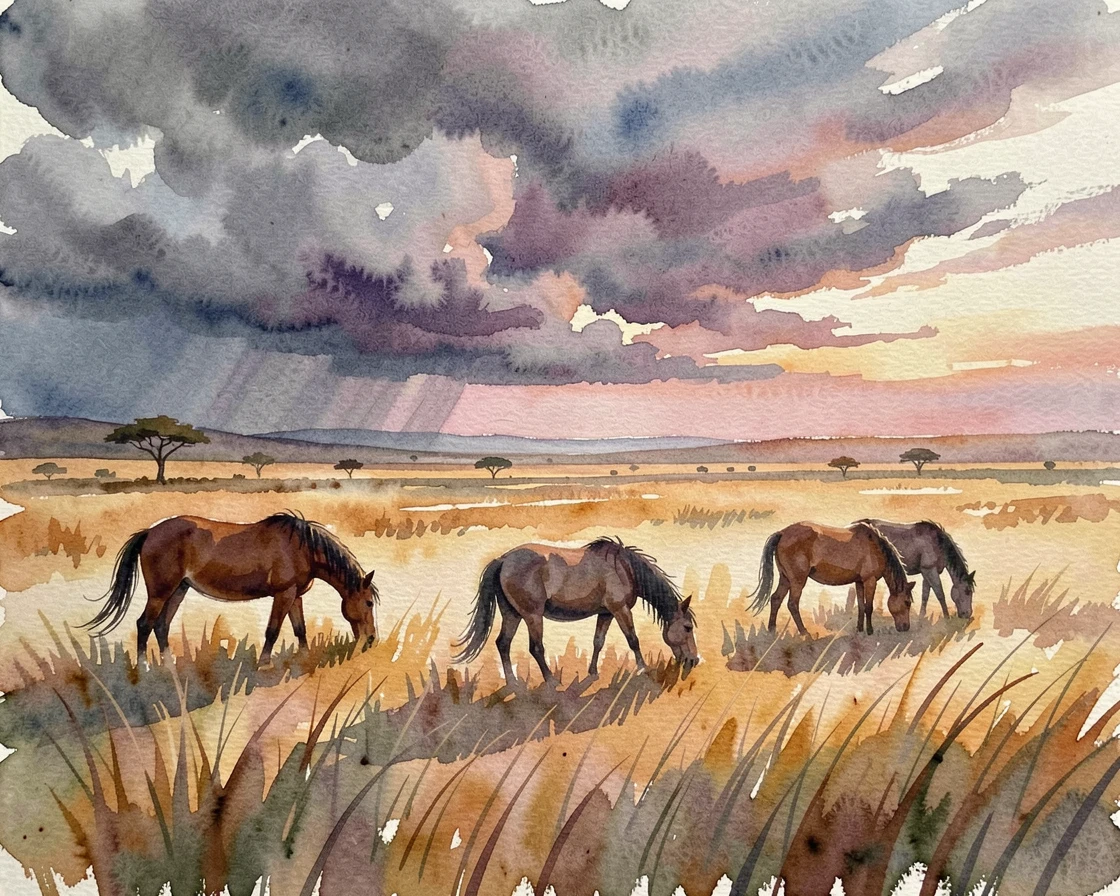 A savanna at dusk as storm clouds gather with wild horses grazing nearby.