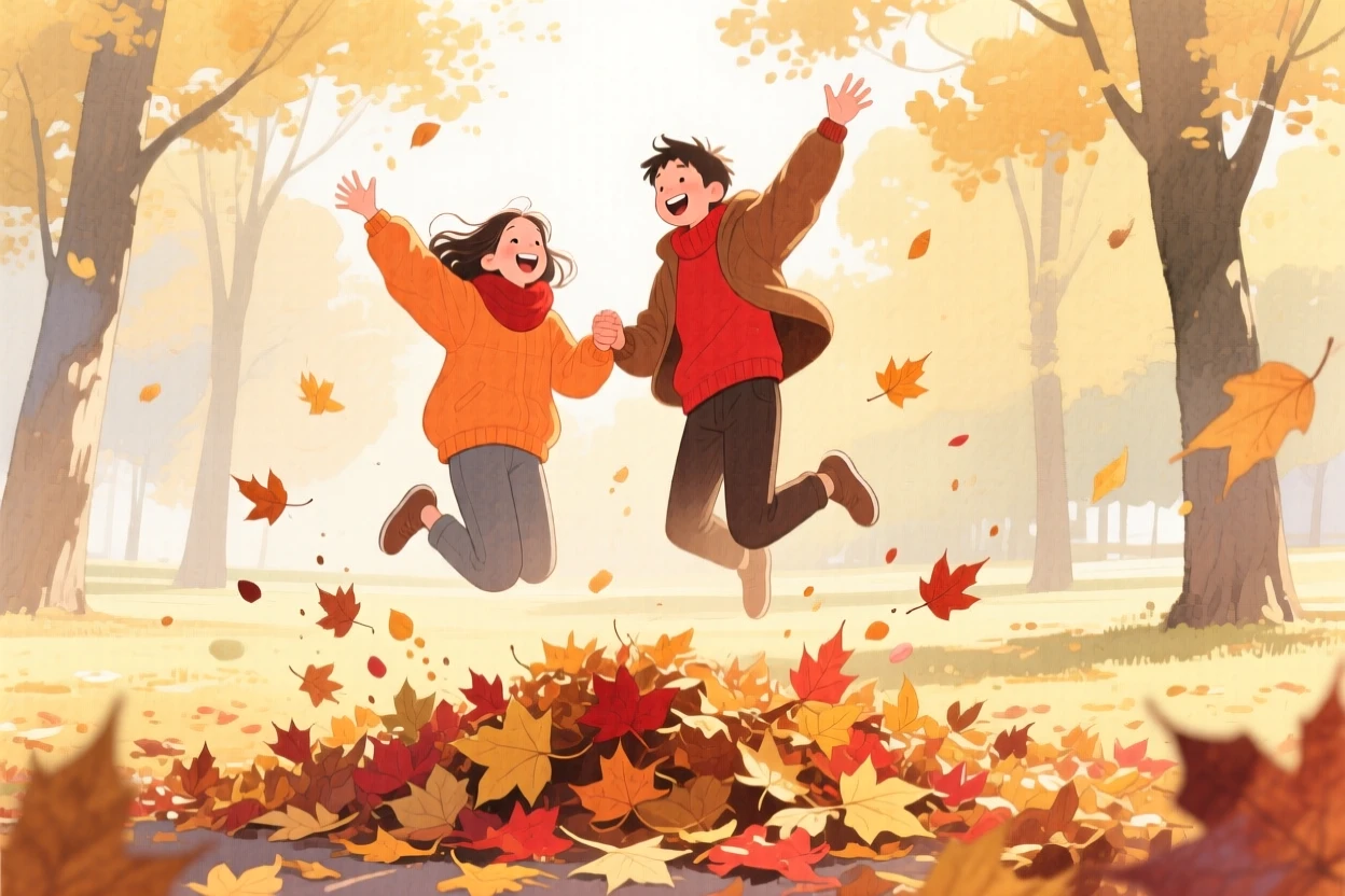 A pair of best friends jumps through piles of autumn leaves in a golden autumn park, laughter and joy filling the warm afternoon air