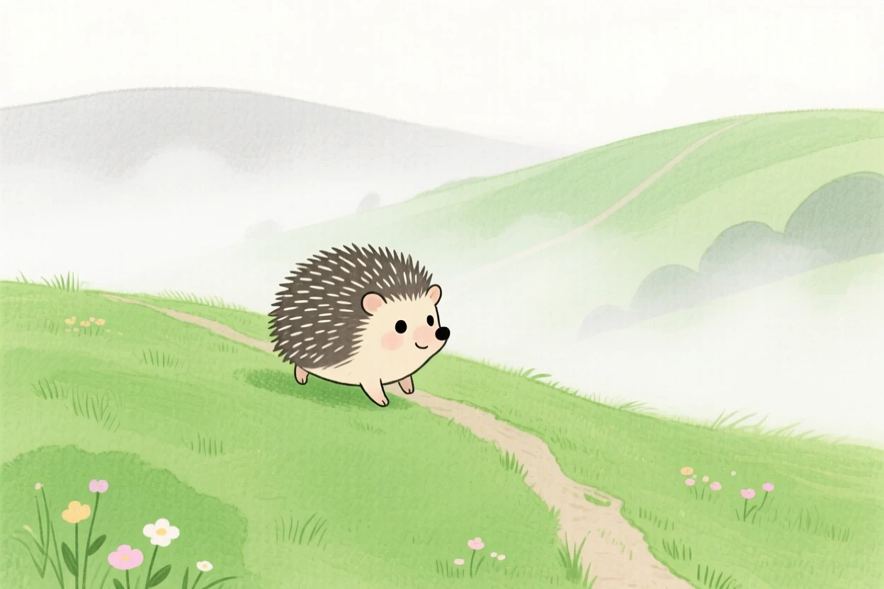 A tiny hedgehog exploring a rolling green hillside on a foggy morning.