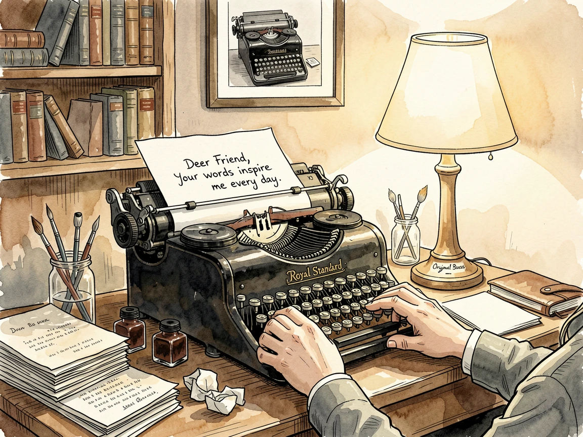 A vintage typewriter enthusiast composing a letter by lamplight, the setting filled with the tools and textures of the craft.