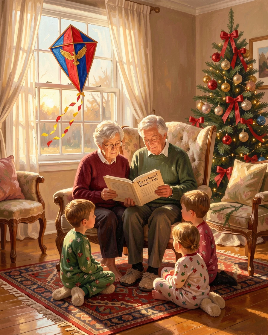 In a cozy living room decorated for the holidays, grandparents reading a story to their grandchildren, a kite dancing and dipping in the breeze above, at golden hour, light glowing softly around them.