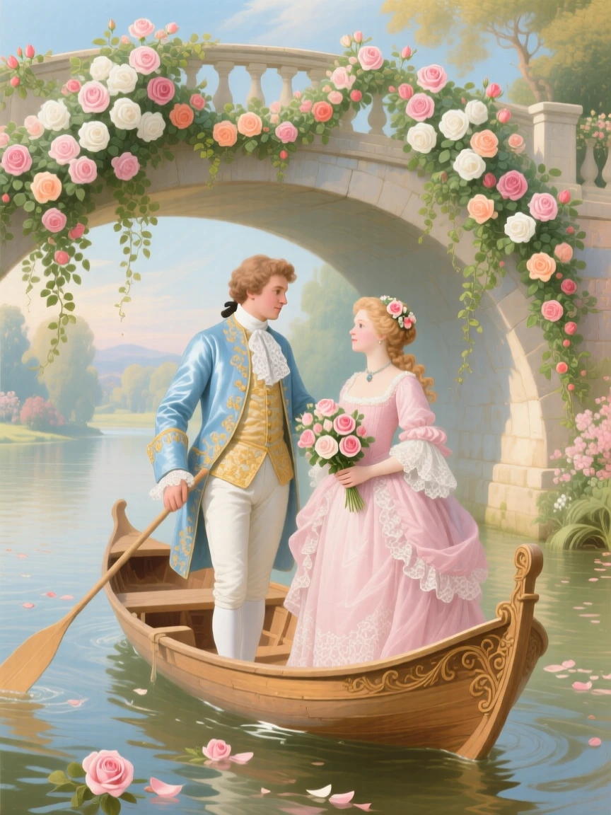 A prince and princess sailing beneath a bridge draped in roses  