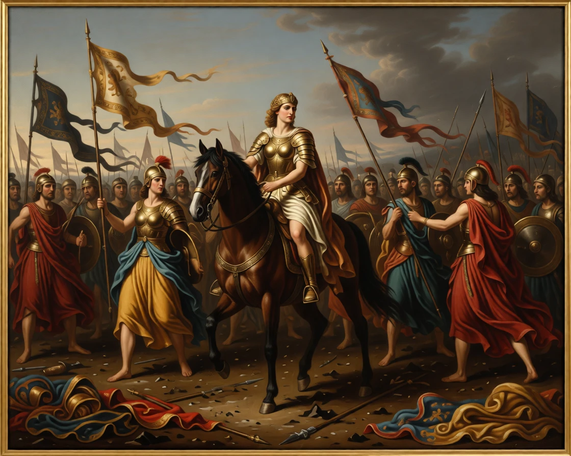 The Amazon queen Hippolyta leading her warriors into battle with every eye fixed on the unfolding drama, set on a windswept battlefield strewn with fallen standards, with gilded armor catching the light and rich fabrics billowing in the wind; the crowd forms a natural frame around the central action, capturing the timeless clash of glory and mortality.