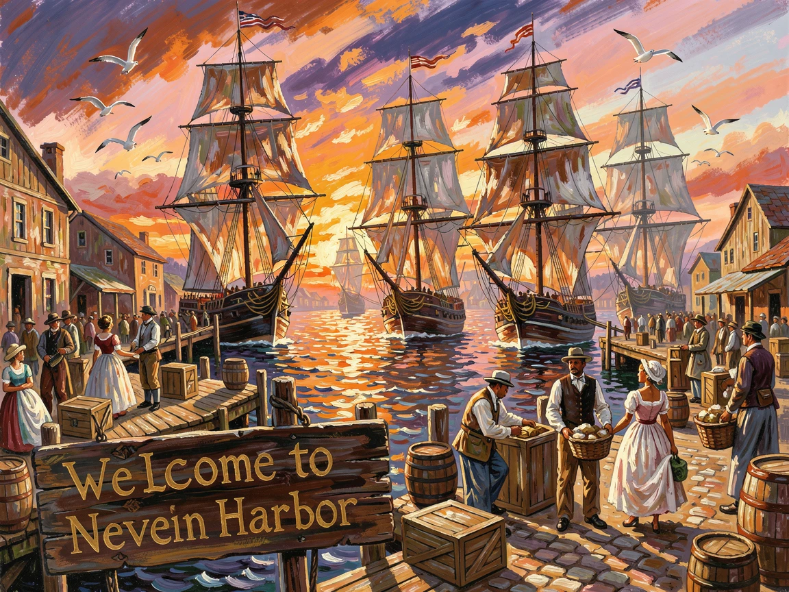 A fleet of tall ships arriving in a bustling colonial-era harbor at sunrise.