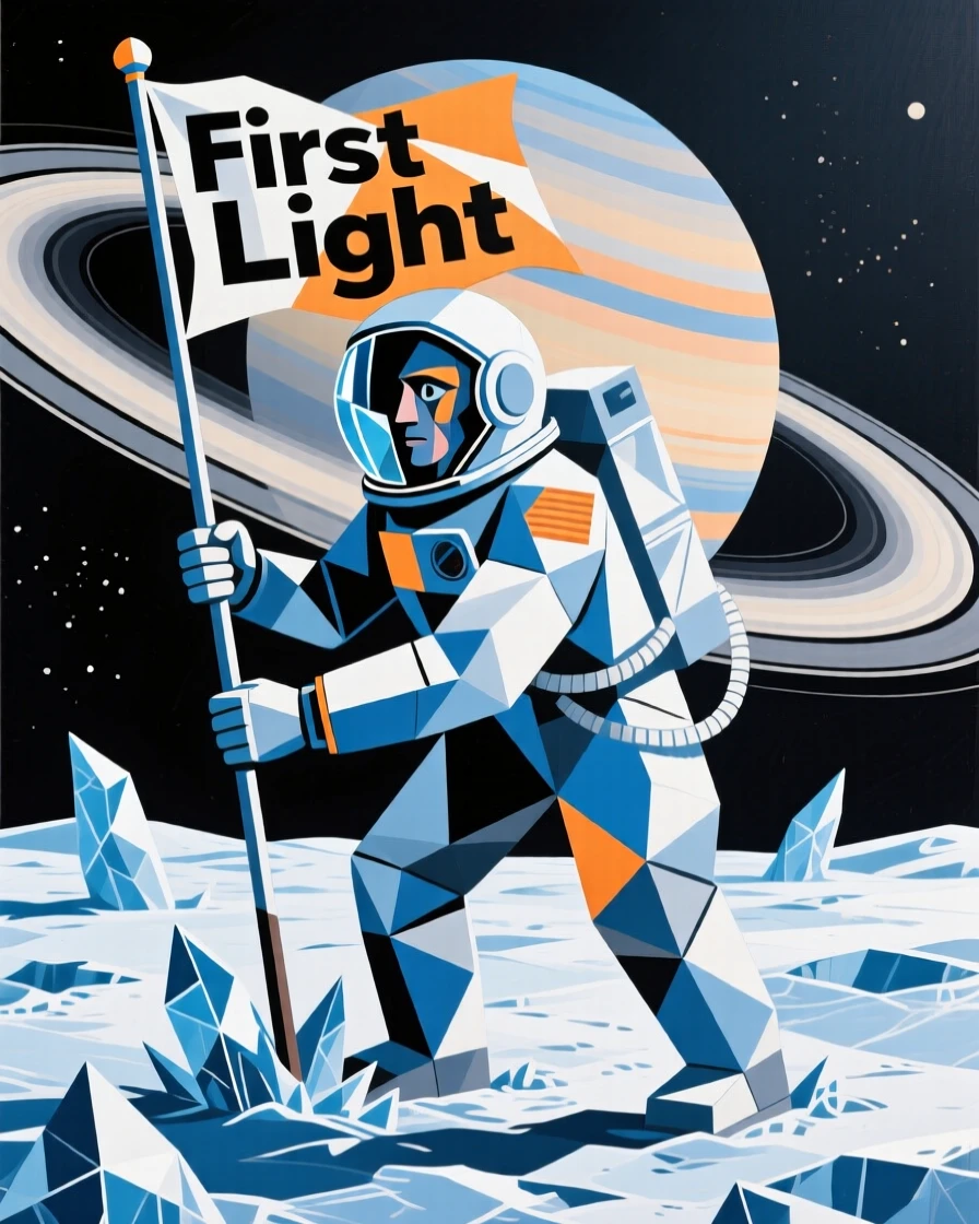An astronaut planting a flag on an icy moon beneath a ringed planet.