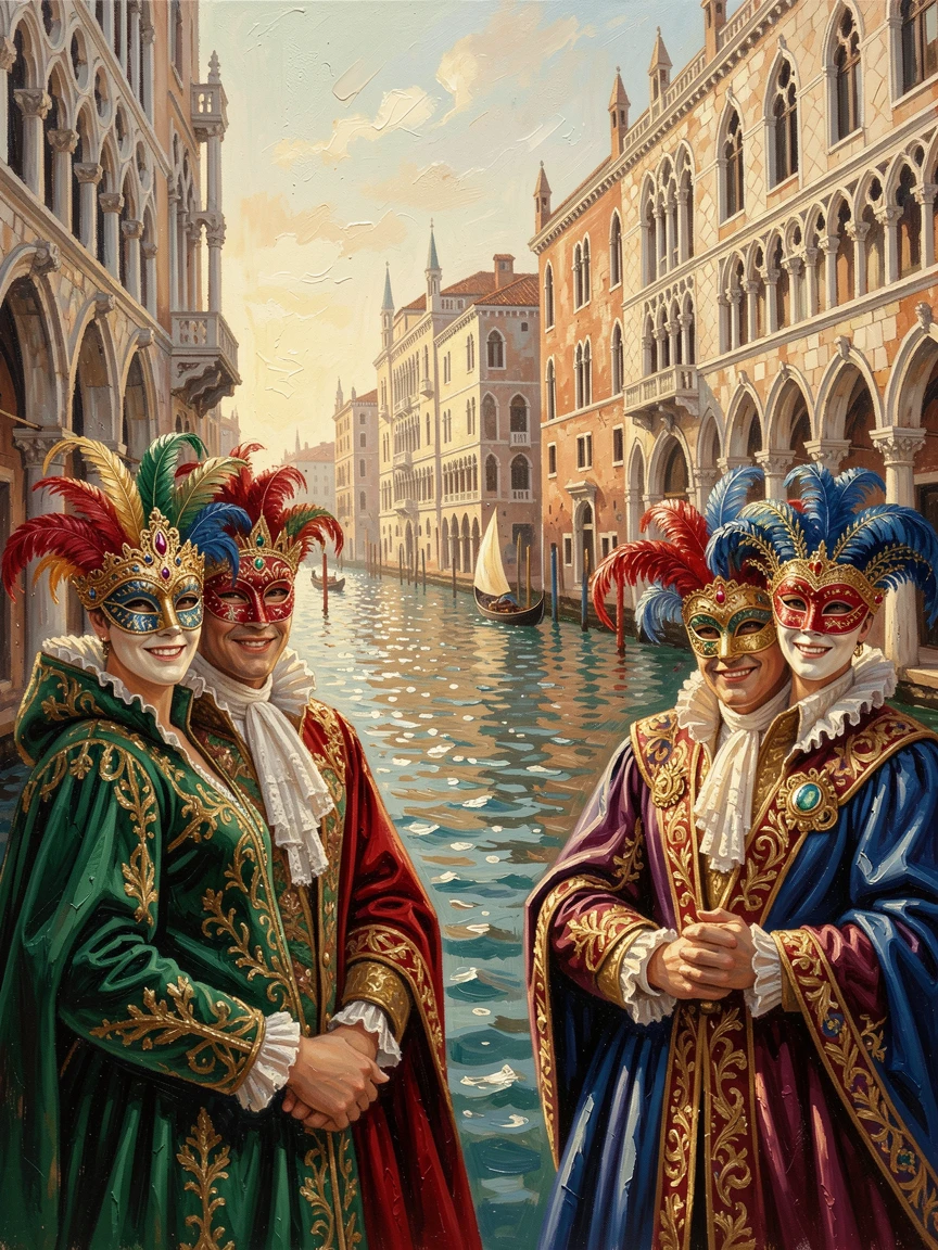 A vibrant Venice Carnival scene shows masked figures in elaborate historical costumes posing along a canal beneath ornate Gothic architecture, warm ambient light illuminating faces filled with joy and communal spirit.