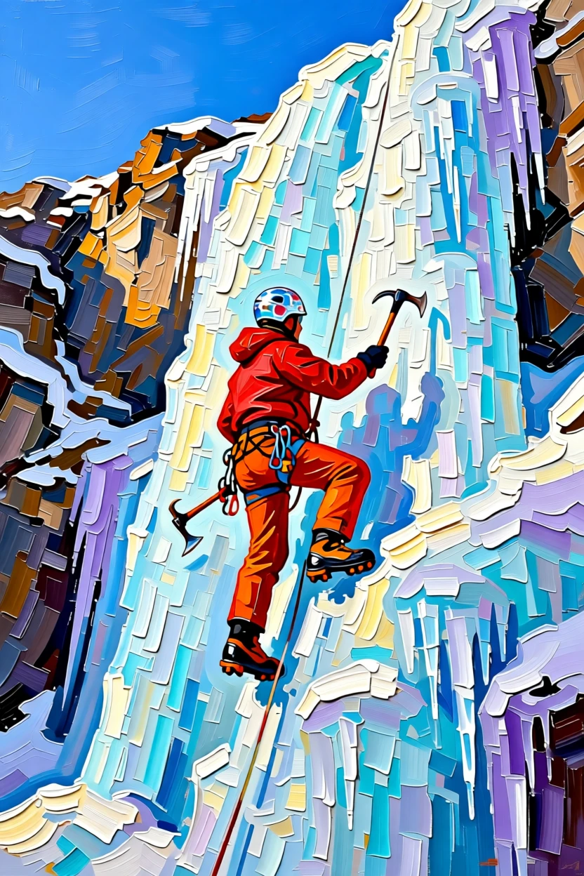 An ice climber scaling a frozen waterfall, ice axes glinting in winter sun