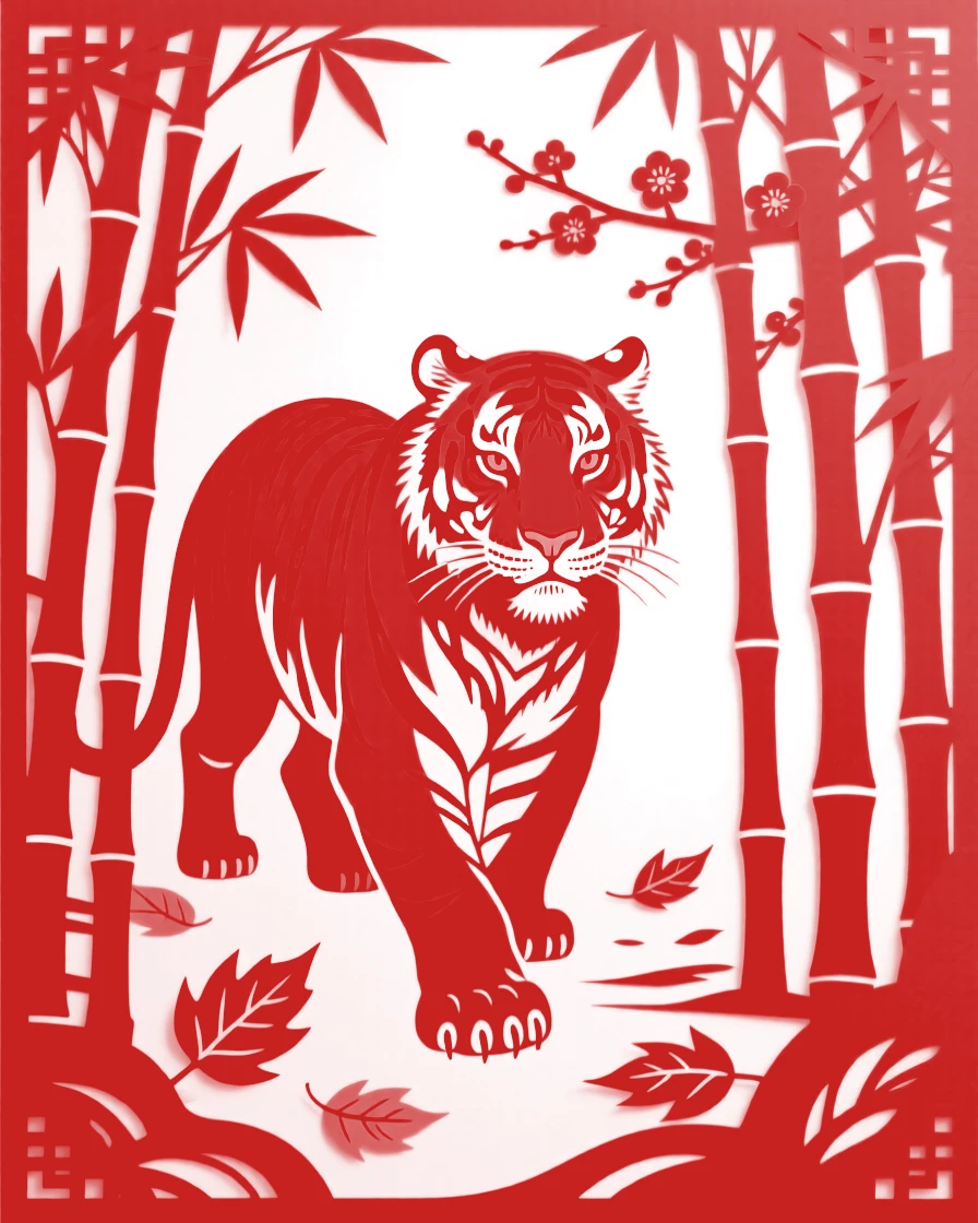 A majestic tiger striding through a bamboo forest, its powerful gaze fixed forward, autumn leaves scattered at its paws