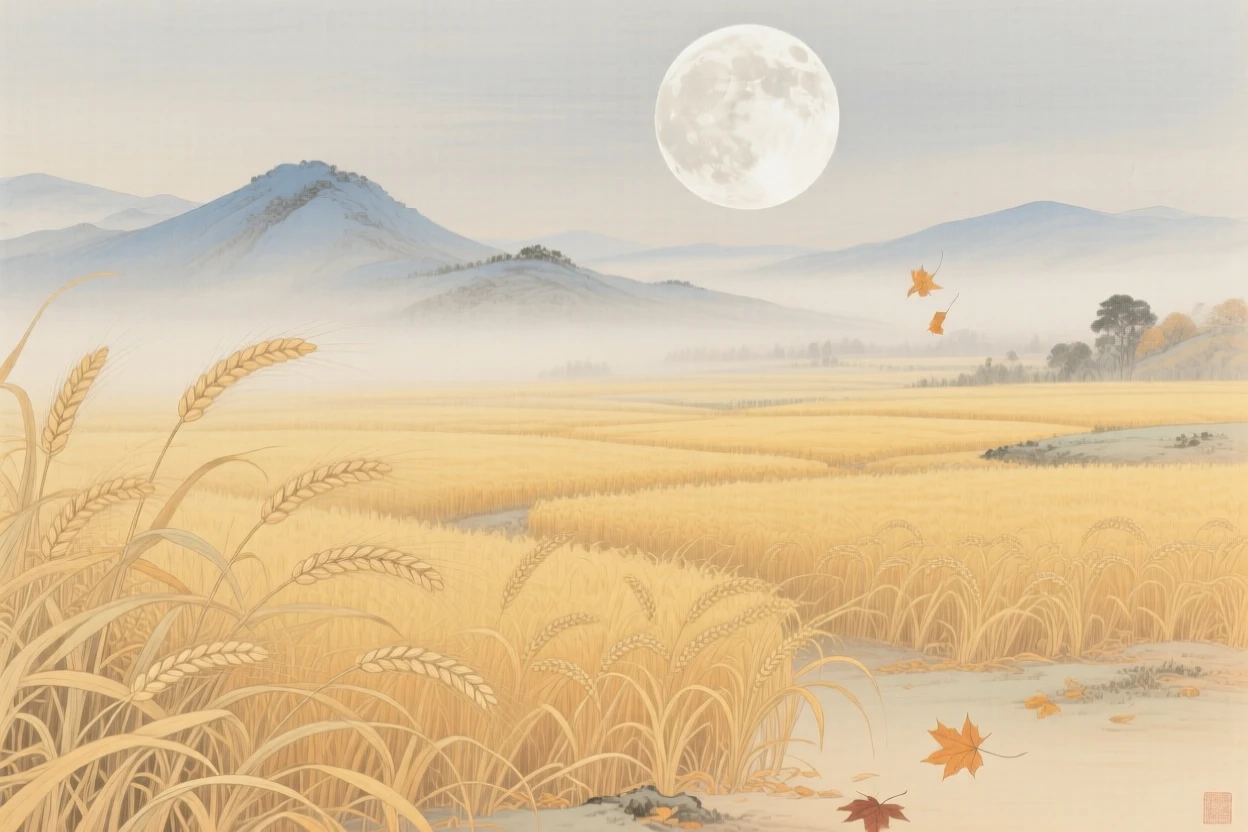 A harvest moon rising over golden fields in early autumn, with distant mountains fading into soft mist