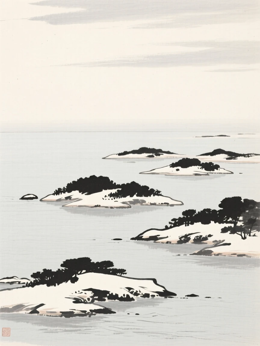A cluster of small islands scattered across a calm bay under a pale winter sky heavy with unfallen snow, composed with wide open space above to emphasize the scale of the sky, evoking a deep sense of solitude and quiet grandeur.