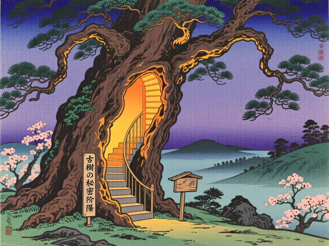 An ancient tree with a spiral staircase carved into its trunk, glowing warmly at twilight.