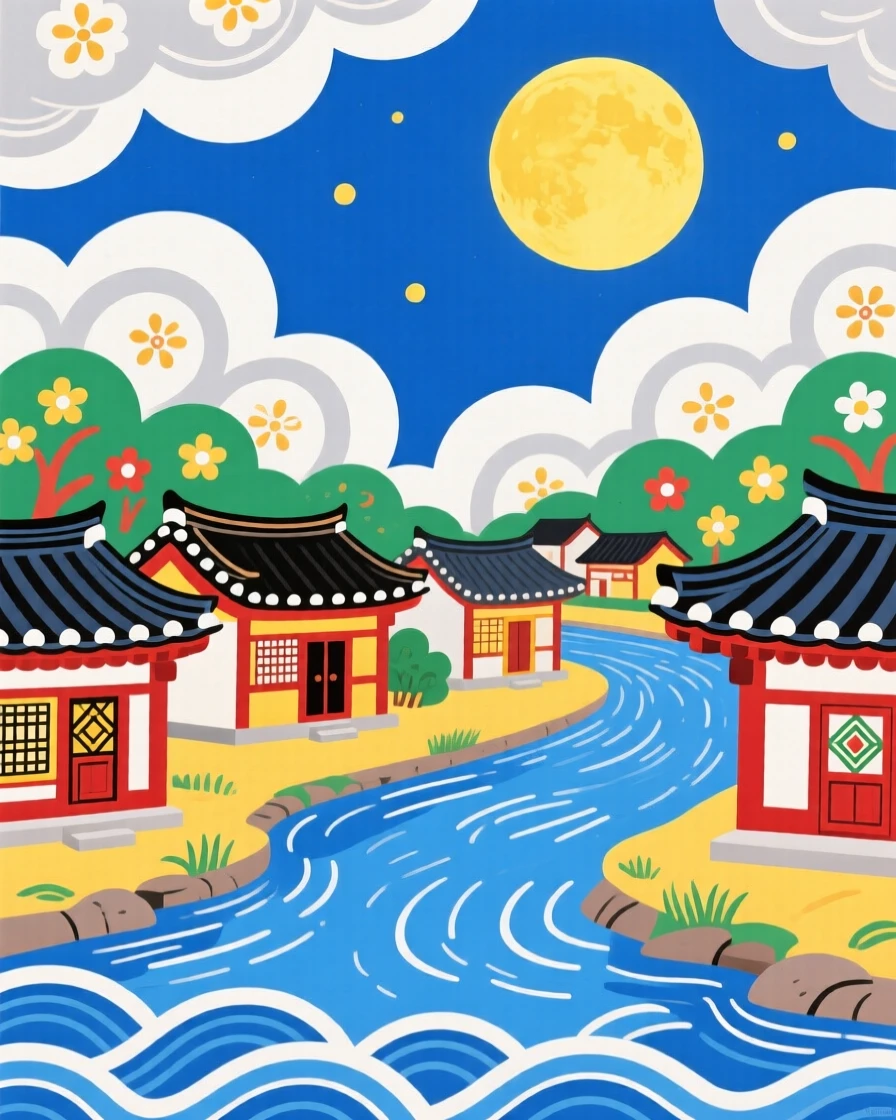 A view of a quiet riverside town beneath drifting clouds lit by moonlight.