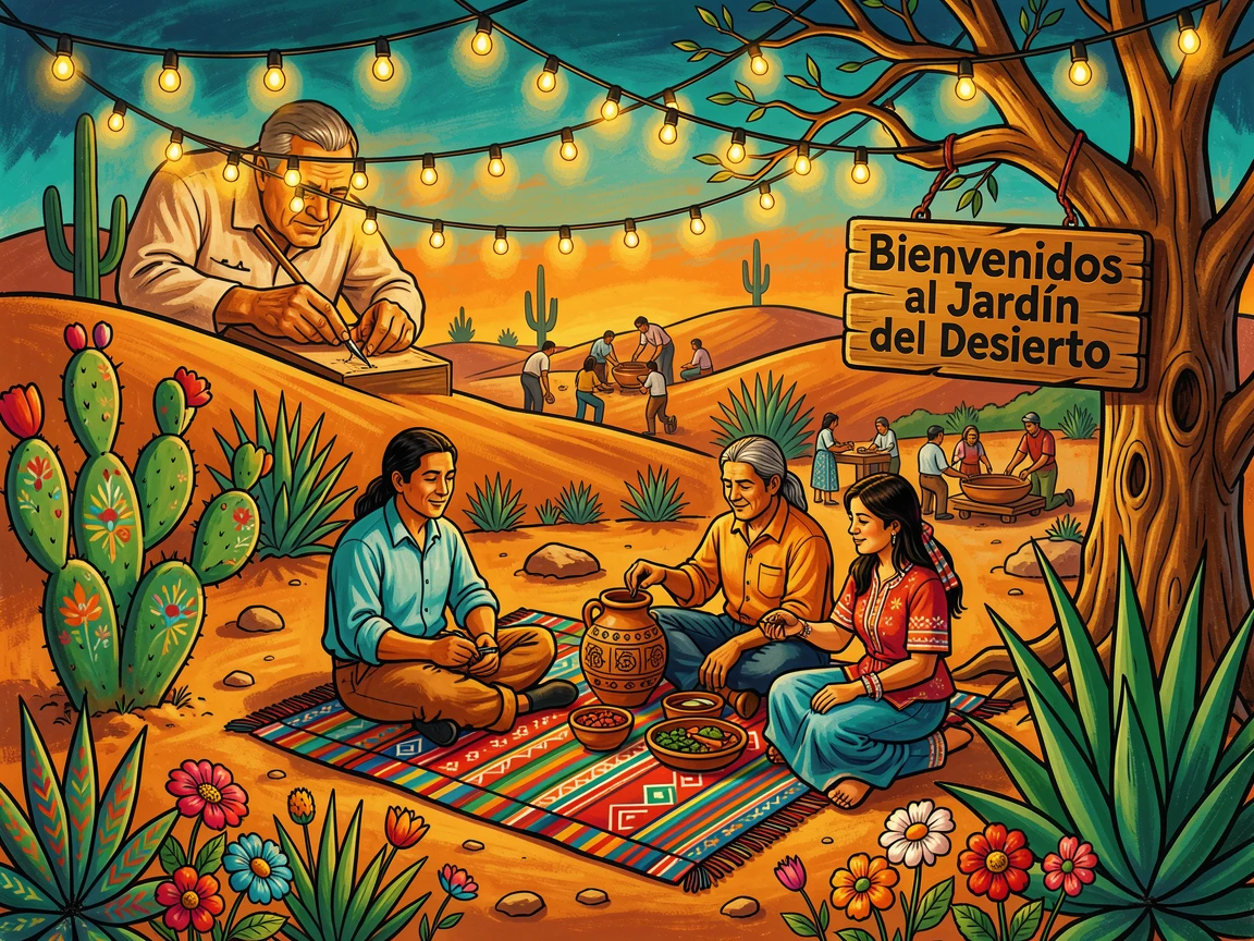 A desert garden glowing under a canopy of string lights
