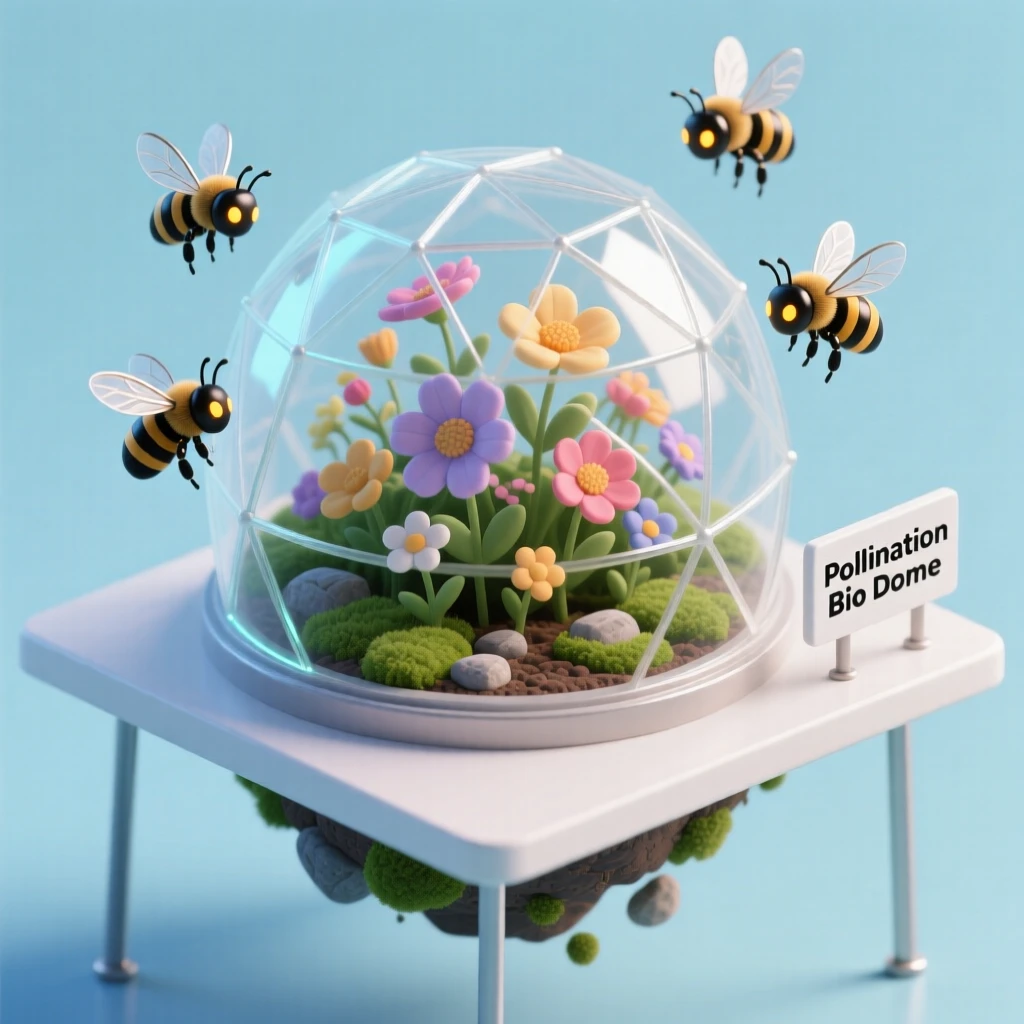A floating city garden dome where robotic bees pollinate flowers beneath a shimmering protective shield.
