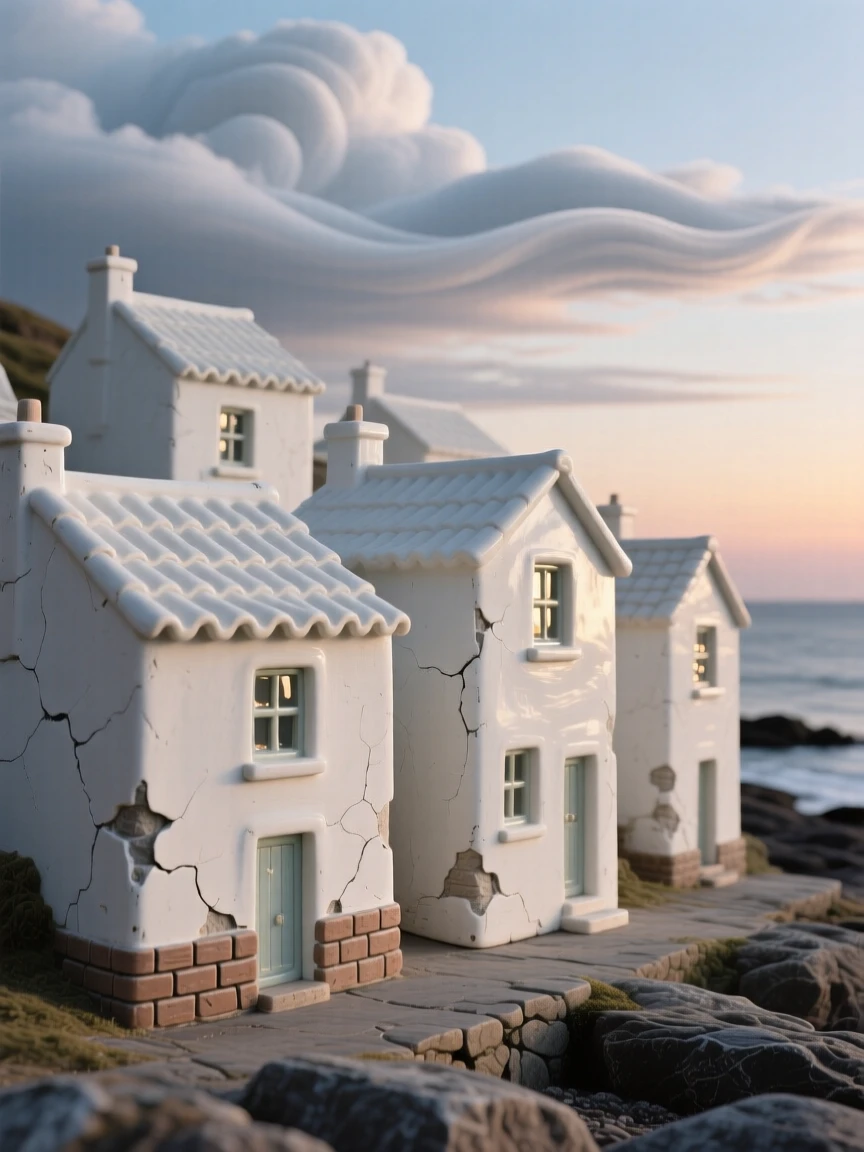 A coastal village with whitewashed buildings silhouetted against a fading twilight, framed by drifting clouds overhead, stirring a sense of history and enduring beauty.
