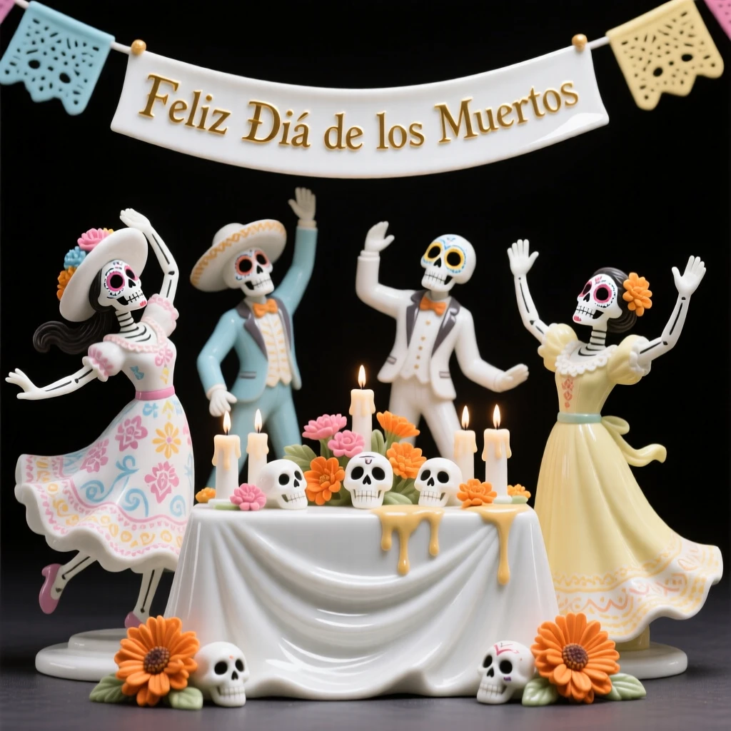 A vibrant Mexican Día de los Muertos altar celebration, captured mid-motion with dynamic energy.